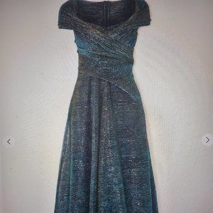 Talbots Draped Metallic Voile Midi Dress | Emerald & Gold Cap Sleeve Gown